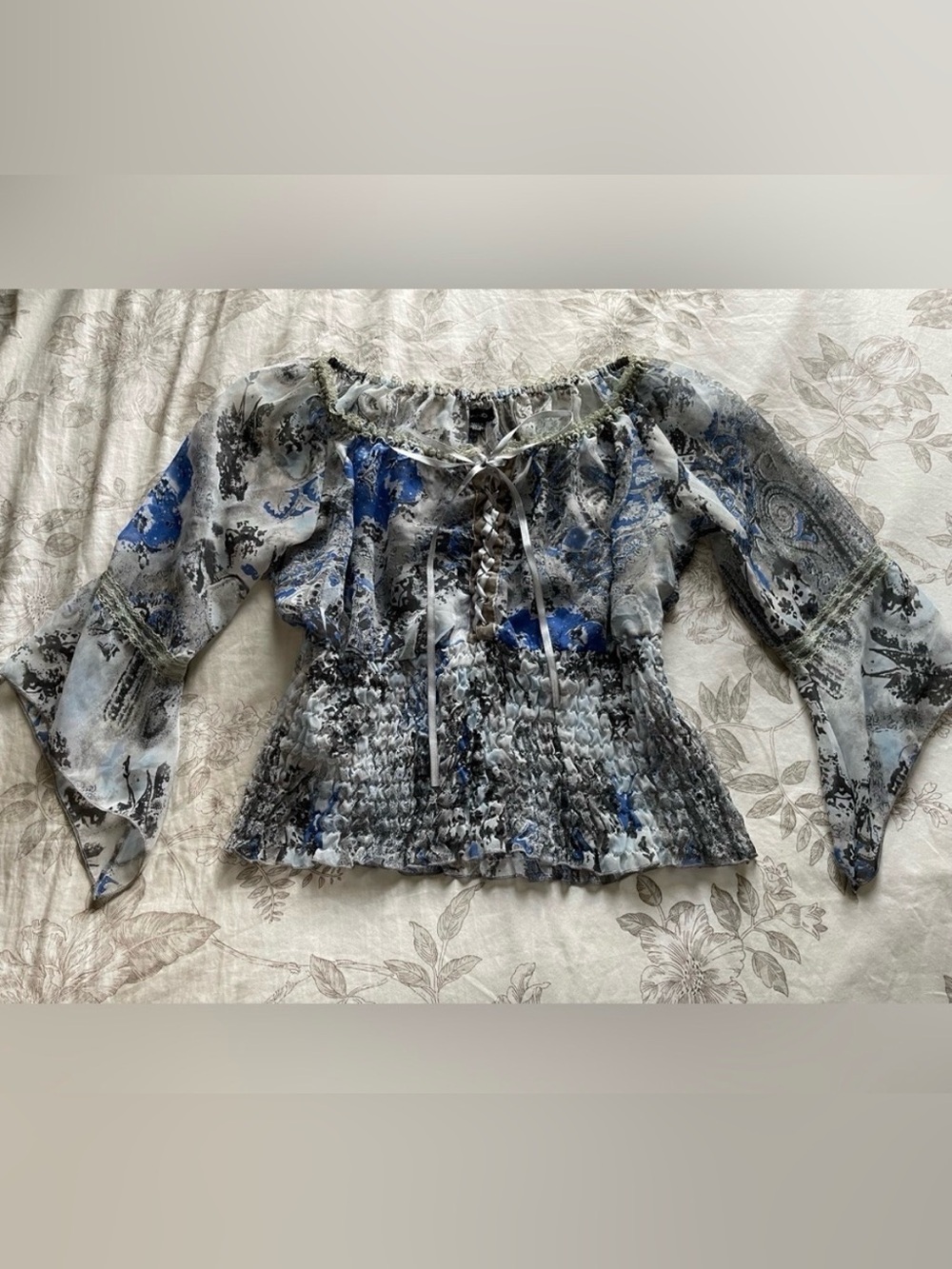 Vintage Blue Sheer Lace Up Smocked Blouse Medium Fairycore Renaissance Angelic